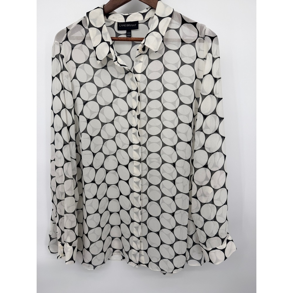 Lane Bryant Blouse Women 22/24 White Black Good Geometric Sheer Chiffon